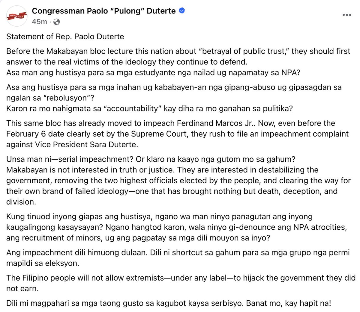 Davao City First District Representative Paolo Duterte on Monday criticized the Makabayan bloc for filing another impeachment complaint against Vice President Sara Duterte.

Duterte described the move as “serial impeachment,” noting that the Makabayan bloc had earlier sought to