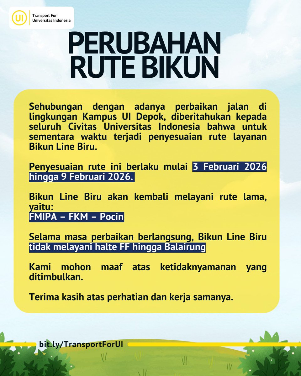 tfunivindonesia's tweet photo. Halo Civitas Universitas Indonesia 👋👋👋

Sehubungan dengan perbaikan ruas tanjakan Jl. Letjen Dr. Syarif Thajeb (depan FIA),  maka akan ada penyesuain rute operasional Bikun untuk sementara waktu https://t.co/rC4qPmMqE4