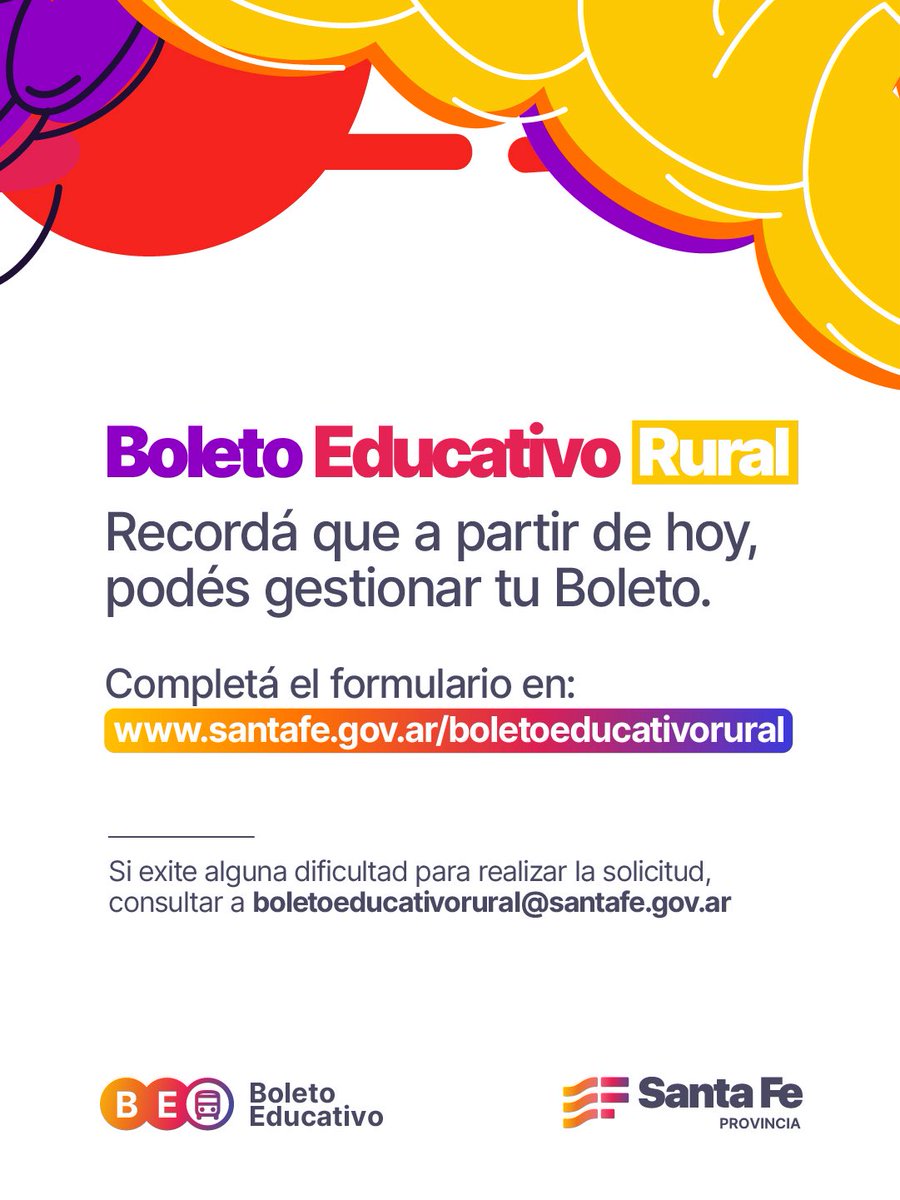 TU PASAJE A LA EDUCACIÓN 🚌

📢A partir de hoy se encuentra vigente el beneficio del Boleto Educativo para estudiantes secundarios, terciarios y universitarios; docentes de todos los niveles y asistentes escolares.

📌Además, a partir de hoy, quienes residan en zonas rurales