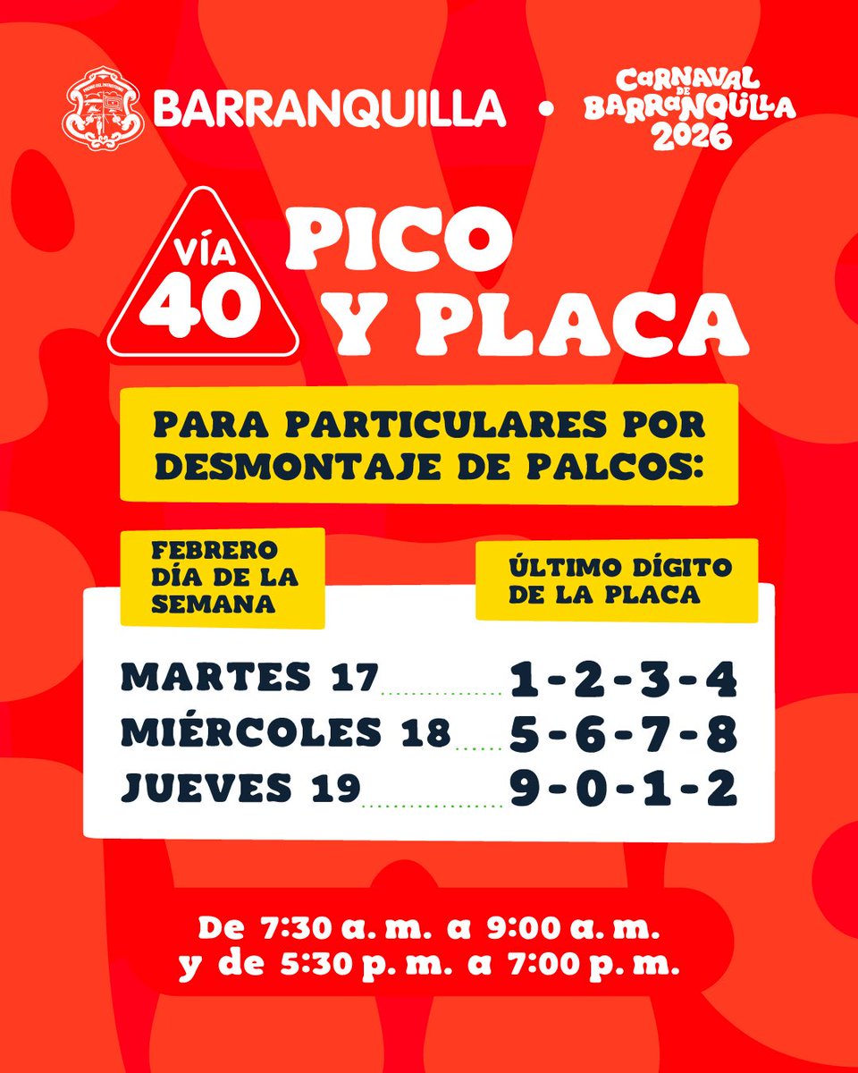 Inicia hoy el pico y placa en la Vía 40 por el montaje de palcos del Carnaval.

🕢 Horarios:
• 7:30 a. m. – 9:00 a. m.
• 5:30 p. m. – 7:00 p. m.

📅 Este lunes 2 de febrero la restricción aplica para vehículos con placas terminadas en 1, 2, 3 y 4.

¡Planifica tu recorrido!