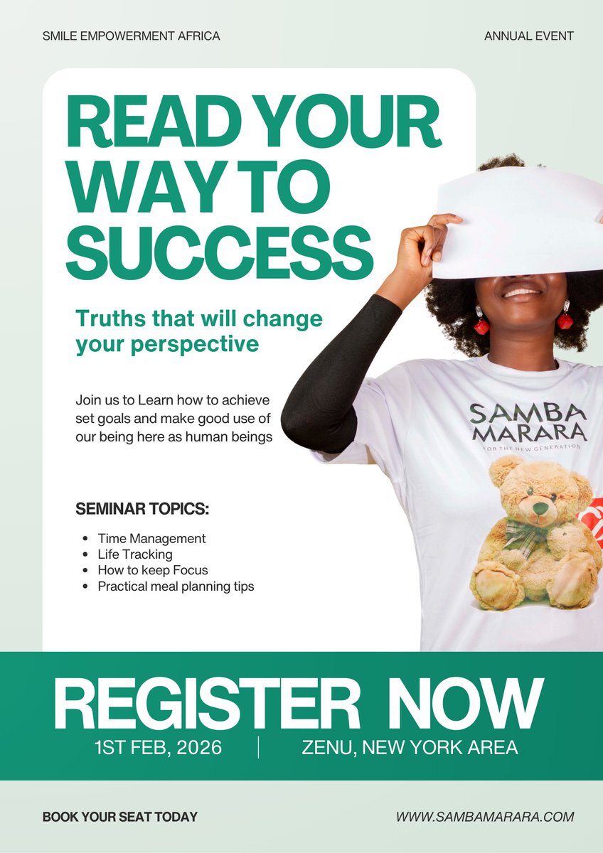 __SarahJonas's tweet photo. Knowledge is power. Reading is the key. Action is the path.
Smile Empowerment Africa, in partnership with Samba Marara, proudly presents a transformational seminar focused on mindset development, the power of reading, time management, and taking action now. #ReadYourWaytoSuccess https://t.co/iiQQNIud74