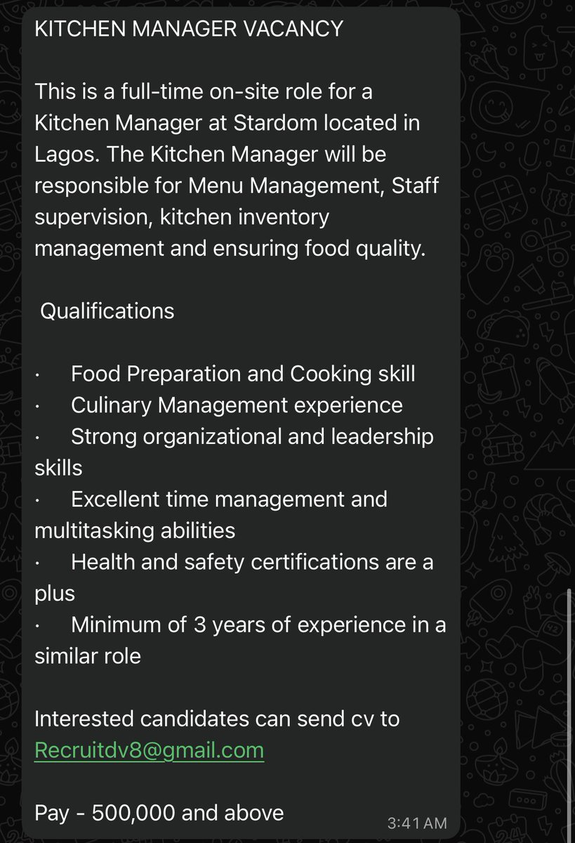 KITCHEN MANAGER VACANCY 

·Food Preparation and Cooking skill
·Culinary Management experience
·Strong organizational and leadership skills

Interested candidates can send cv to 
Recruitdv8@gmail.com 

Pay - 500,000 and above