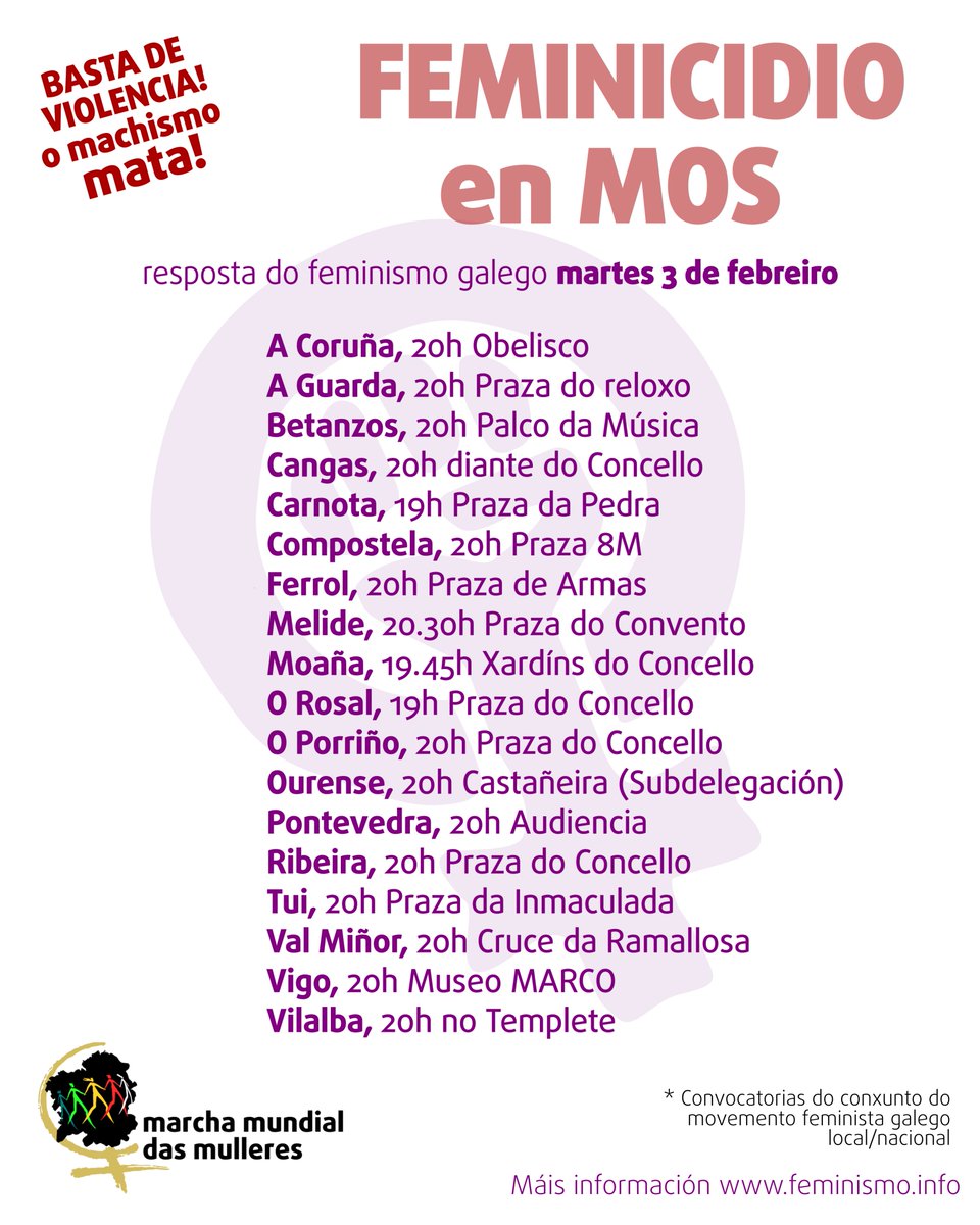 [ Feminicidio ] 🛑 Feminicidio en MOS 🛑 Confírmase o asasinato machista de María Belén F. F. de 52 anos, este domingo en Sanguiñedo, Mos. O feminismo galgo activa o protocolo de reposta, convocatorias confirmadas:

#MachismoMata #QuerémonosVivas #NenUnhaMáis #NenUnhaMenos