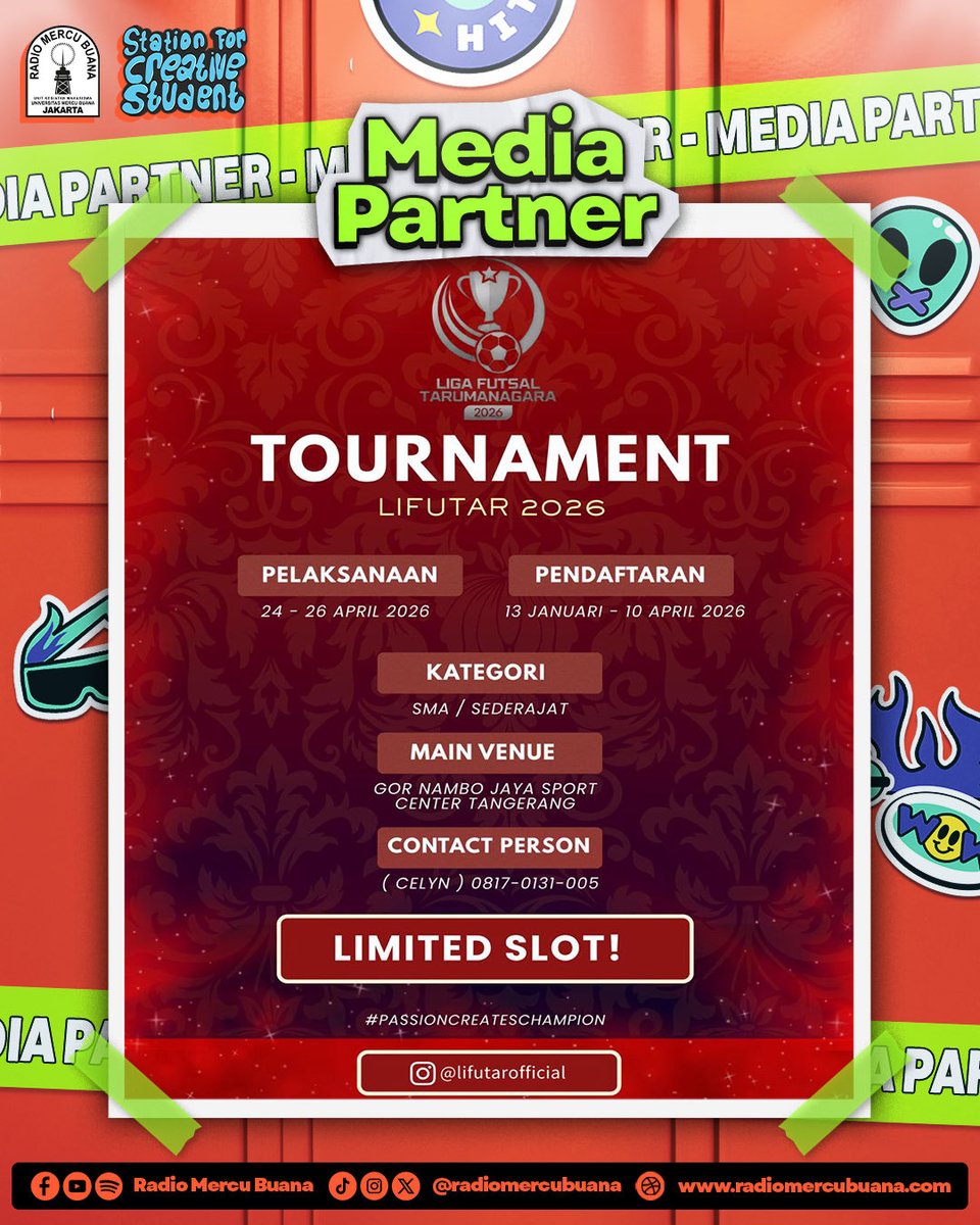 Buktikan kualitas terbaik tim futsal sekolahmu di ajang prestisius LIFUTAR 2026 kompetisi futsal SMA/sederajat yang menjunjung sportivitas, prestasi, dan semangat juara. 🏆⚽

forms.gle/kXbh2DsrKfBYjL…

#LIFUTAR2026 #PassionCreatesChampion