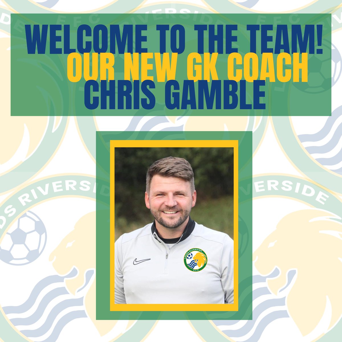 LeedsRiverside's tweet photo. We’re excited to welcome Chris Gamble as our new Goalkeeper Coach! 🧤⚽
Chris will be working alongside all our age groups, helping develop our keepers across the club.
Welcome aboard, Chris!

#WelcomeToTheClub #GoalkeeperCoach #ClubDevelopment #OneTeam #JPL https://t.co/3llKRglUqw