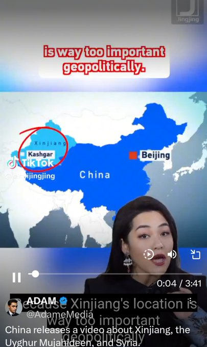 MametEdham's tweet photo. China has been committing genocide against the Uyghur people and this pure regime propaganda piece on TikTok tries to spin the resistance in Syria from East Turkestan as American influence, of course. https://t.co/Z9wsyZFFcl