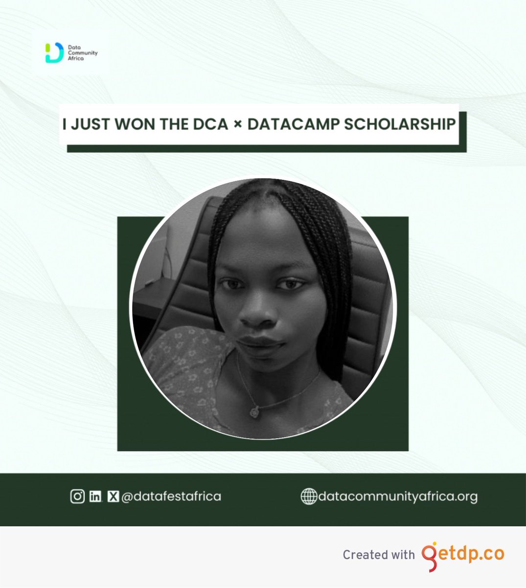 I just won the DCA * DataCamp Scholarship 🎉
I am so excited that I will be learning data analytics, data science, data engineering, and AI with @DataCommunityAfrica and ⁦<a href="/DataCamp/">DataCamp</a>⁩ Thank you for this opportunity. #DatacampDonates #DCADataCamp2026