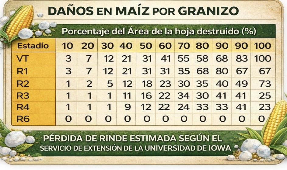 AgroConceptos's tweet photo. 🧊🌽🌱 Granizo no es solo “hojas rotas”

El daño real depende del cultivo y del momento en que ocurre.

No es lo mismo un evento en Estadio vegetativo  que en reproductivos!

📊 En las próximas placas dejo tablas de pérdida de rinde en soja y maíz según estadio: