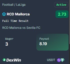 HackLifeAjax's tweet photo. La Liga football never fails to deliver. I am taking RCD Mallorca to get the job done at home against Sevilla. This play has some of the best Betting Odds Today available. Wagered 3 $USDT for a solid 8.19 $USDT payout on @DexWin_Sports. Trusting the home turf advantage! https://t.co/gTzInrdd7P