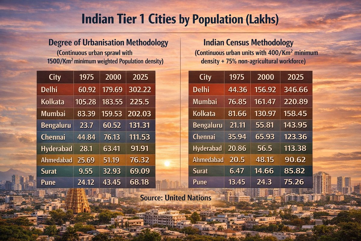 By methodology,
If Census>DEGURBA it means 
🔷City is developing as per Indian standards and has succeeded in providing non agricultural jobs to ≥75% of its population.
All except Kolkata performs good in this indicator. Kolkata is struggling to urbanise it's huge population.