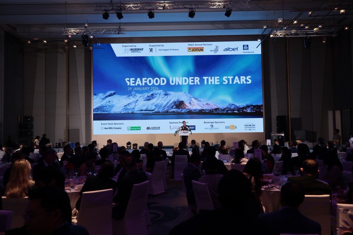 MFAThai's tweet photo. VFM Vijavat attended Seafood Under the Stars 2026, co-organized by the Thai - Norwegian Chamber of Commerce, the Norwegian Embassy in Thailand, and the Norwegian Seafood Council, showcasing Norway’s identity in innovation, sustainability, and culture through seafood and Norwegian businesses operating in Thailand. The event highlighted the close Thailand - Norway relations, as well as coop. in economic partnership and green transition under the Thailand - EFTA FTA. (29 Jan 2026)