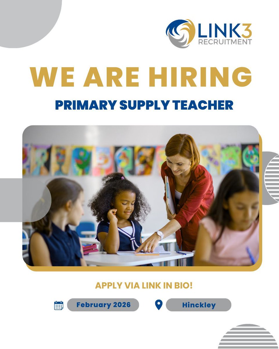 We're hiring: Primary Supply Teacher in Hinckley💡
Apply Now! - link3recruitment.co.uk/job/primary-su…
With exceptional training and competitive rates, why look elsewhere?
🔗 Get in touch with a member of the team today!
☎️ 0115 697 2550 📧 contact@link3recruitment.co.uk
#teacher #jobsearch