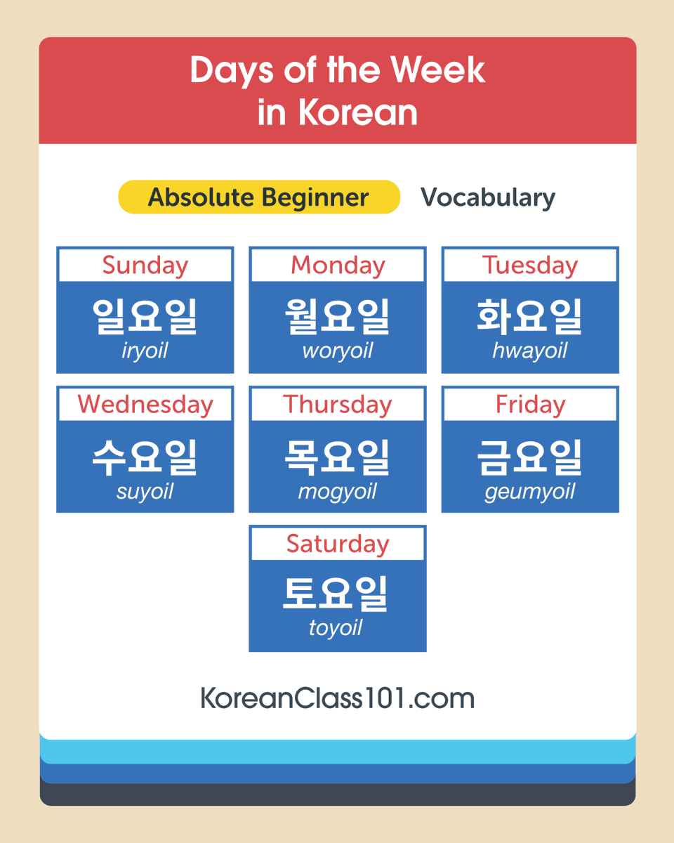 KoreanClass101's tweet photo. ๐ Want to talk about your week in Korean? Study the days first in Korean! ๐ฌ Dive deeper in Korean for FREE โฌ๏ธ
๐ https://t.co/PZDMh6rk1h
#LearnKorean #DaysInKorean #KoreanLearning https://t.co/hUB6kLb6vK
