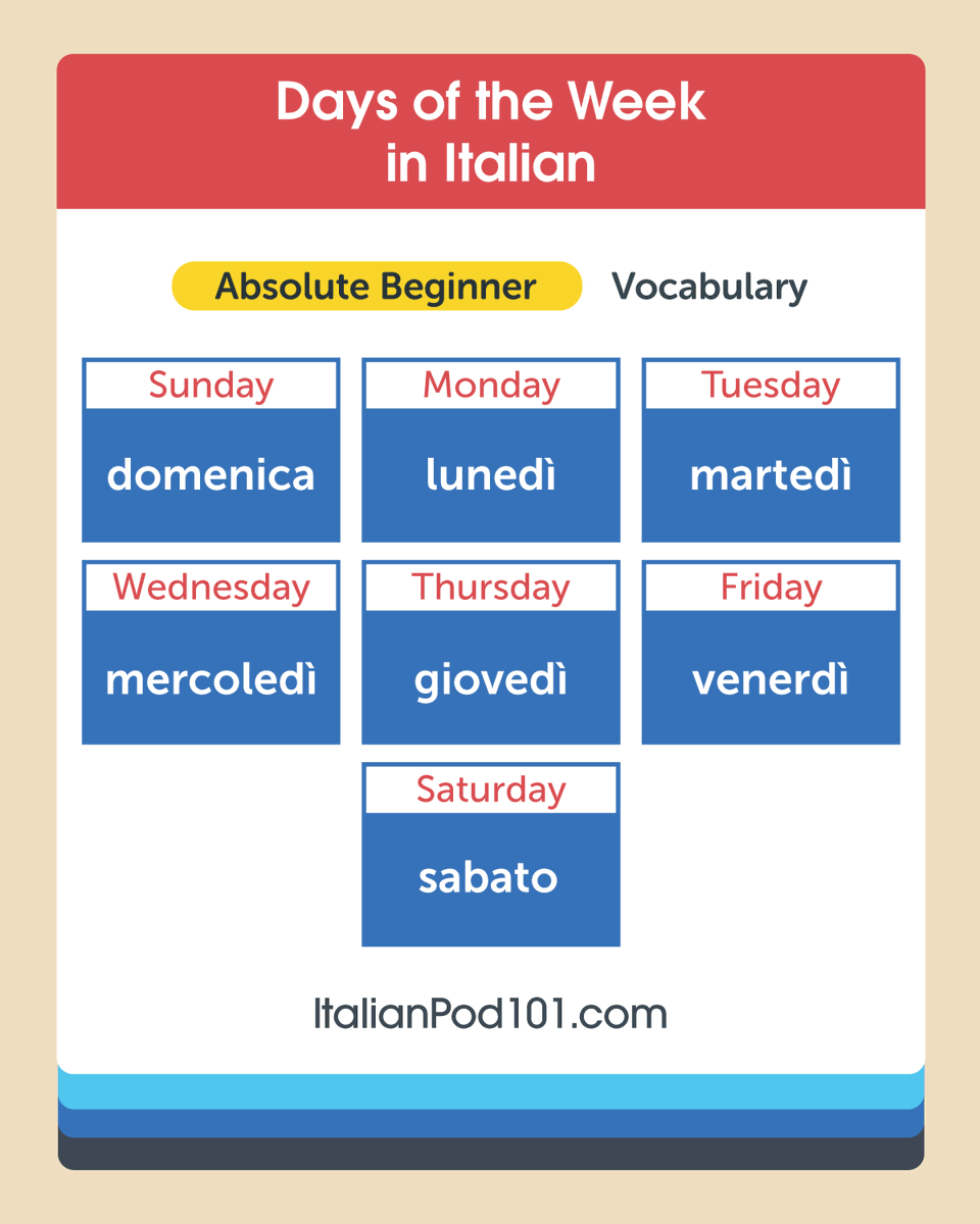 italianpod101's tweet photo. ๐ Want to talk about your week in Italian? Study the days first in Italian! ๐ฌ Dive deeper in Italian for FREE โฌ๏ธ
๐ https://t.co/74CVweCMox
#LearnItalian #DaysInItalian #ItalianLearning https://t.co/yRnUQ15WMC