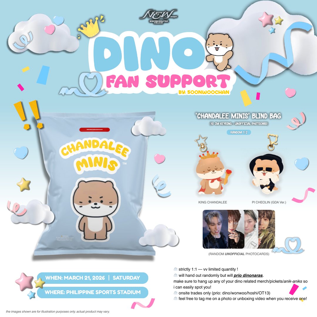 𝗦𝗘𝗩𝗘𝗡𝗧𝗘𝗘𝗡 𝗡𝗘𝗪_ 𝗶𝗻 𝗕𝗨𝗟𝗔𝗖𝗔𝗡
🦦🩵 #DINO FAN SUPPORT / FREEBIES
by: <a href="/5OONWOOCHAN/">saint</a> ⭐

☁️ like &amp; rt
☁️ strictly 1:1 — vv limited quantity !!
☁️ onsite trades
☁️ full details on pic

🗓️ 03/21/2026
📍 PH SPORTS STADIUM

see you, carats !! ⸜(｡˃ ᵕ ˂ )⸝♡