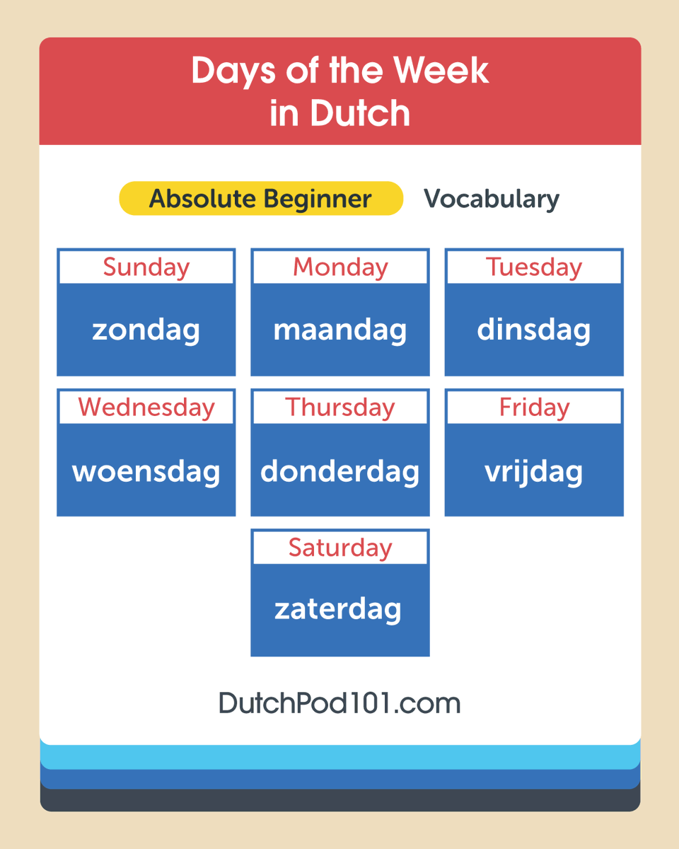 DutchPod101's tweet photo. 📆 Want to talk about your week in Dutch? Study the days first in Dutch! 💬 Dive deeper in Dutch for FREE ⬇️
🔗 https://t.co/iXtP2vF7pi
#LearnDutch #DaysInDutch #DutchLearning https://t.co/DsM9QeTBpy