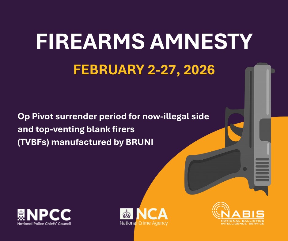 NorfolkPolice's tweet photo. Five models of Side/ Top Venting Blank Firers #TVBF manufactured by BRUNI are now illegal to own. If you own one, hand it in to your local police station before 27 February to avoid prosecution. #firearmsamnesty https://t.co/eK11ac7Yar