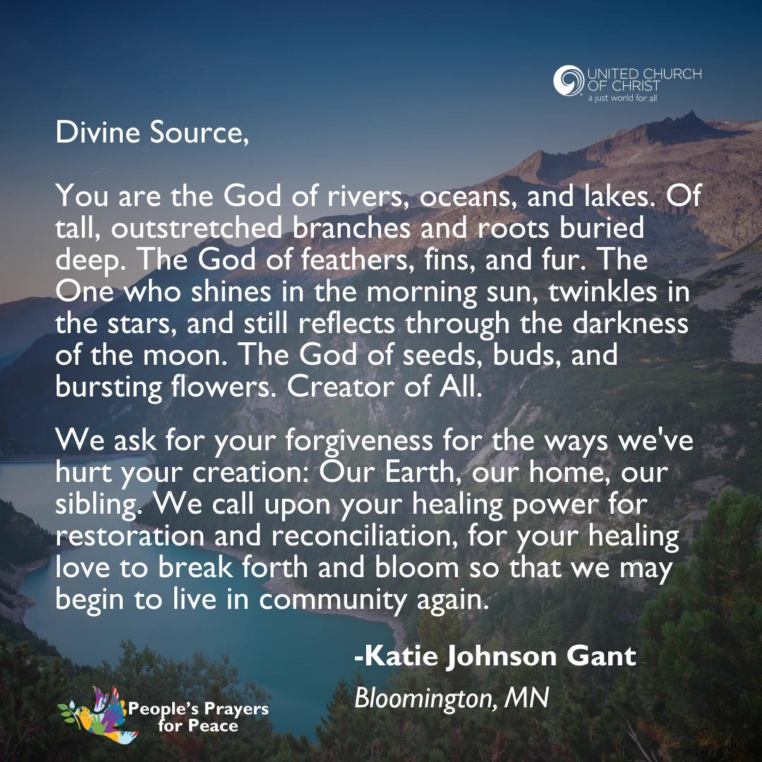 Image of a landscape with mountains, trees and a bright blue river running through it.  Prayer by Katie Johnson Gant: Divine Source, You are the God of rivers, oceans, and lakes. Of tall, outstretched branches and roots buried deep. The God of feathers, fins, and fur. The God of seeds, buds, and bursting flowers. We ask for your forgiveness for the ways we've hurt your creation. We call upon your healing love to break forth and bloom so that we may begin to live in community again.