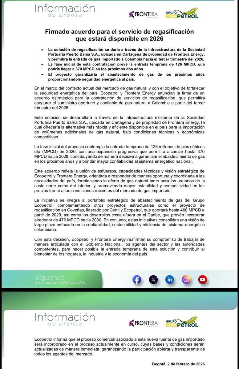 Esta es una noticia importante para el suministro de gas para los colombianos. <a href="/ECOPETROL_SA/">Ecopetrol</a> anuncia la firma de un acuerdo con <a href="/FronteraEnergy/">Frontera Energy</a> para contratar nuevos servicios de regasificación de gas importado, acuerdo que en su fase temprana entraría en operación en 2026.