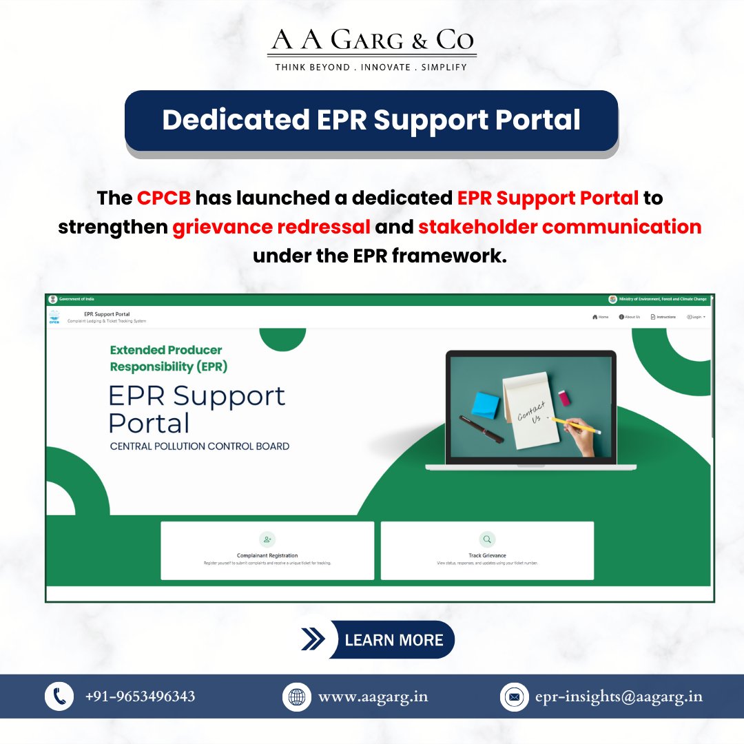 AAGargCo's tweet photo. 🚨 Dedicated EPR Support Portal

CPCB has launched a dedicated EPR Support Portal for complaint lodging &amp; grievance tracking across EPR waste streams.

✔ Register complaints
✔ Track tickets in real time
✔ Support for Plastic, E-waste, Batteries, Used Oil, Tyres &amp; ELV

#CPCB https://t.co/ue9Ax9vBjV