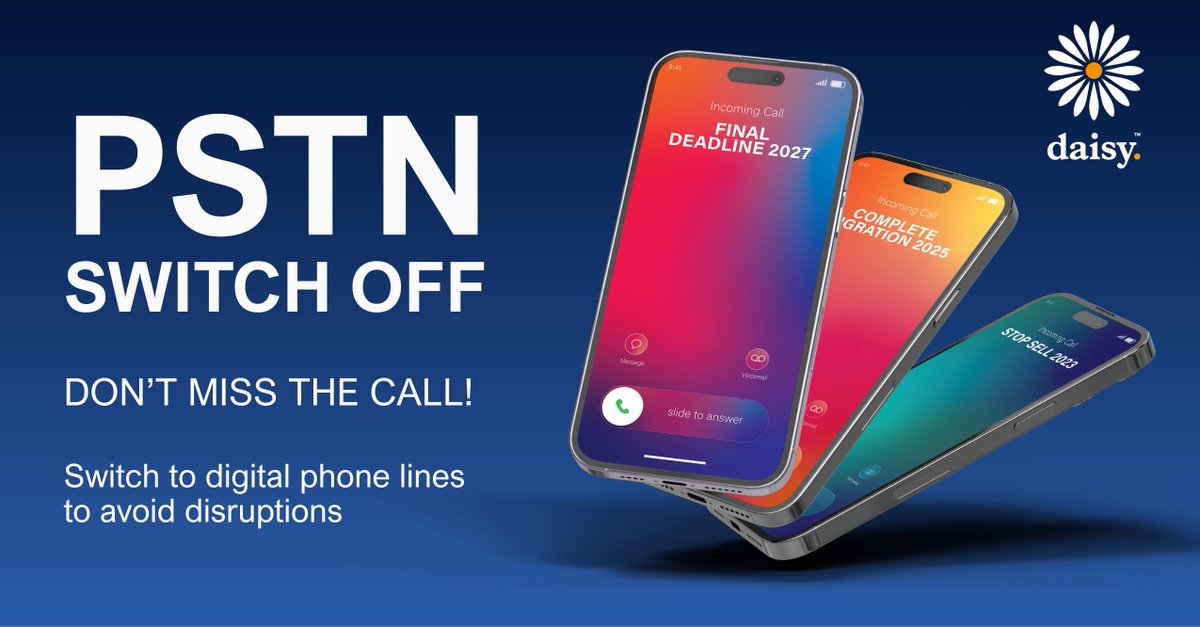 DaisyGroupUK's tweet photo. Less than a year to go until the #PSTNSwitchOff

As a Fit to Switch National Champion, Daisy is helping organisations review their infrastructure, manage risk and transition smoothly to the new IP-only network.

Book your free PSTN readiness audit 🔗 https://t.co/gD1BCI0Ts9 https://t.co/AMAVSMHMZA