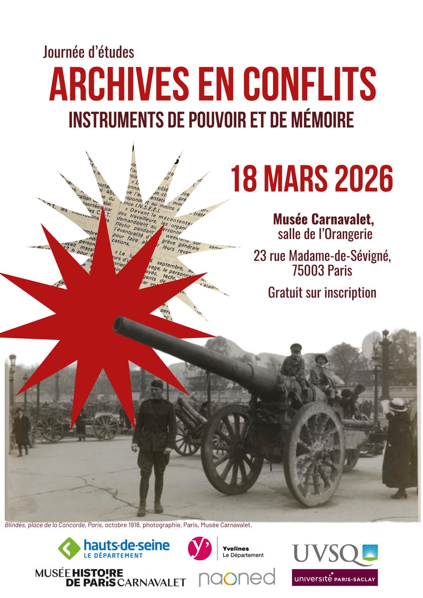 Naoned1's tweet photo. Participez à la Journée d'étude du Master 2 Gestion des Archives à l’université UVSQ/Paris-Saclay. @MasterGDASaclay 
RDV au Musée Carnavalet le 18 mars prochain pour échanger avec sur le sujet des "Archives en conflits".
@aedaps https://t.co/VTnqfkrfvb