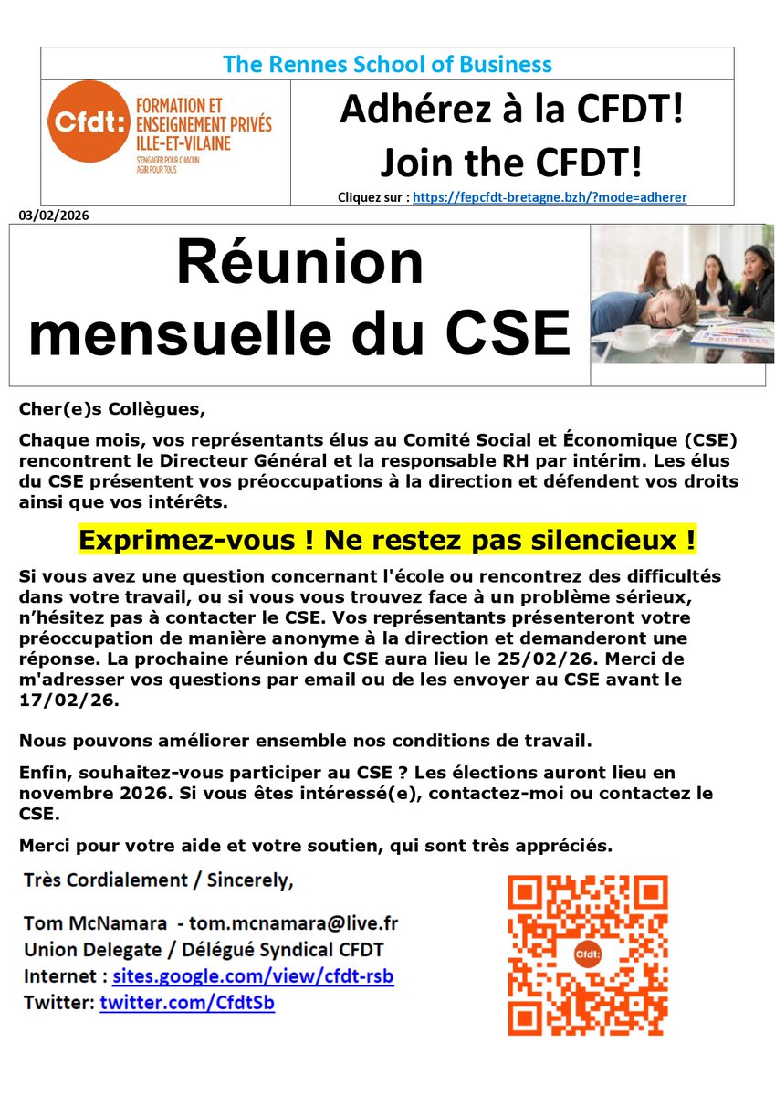 CfdtSb's tweet photo. Communication @CFDTSB @rennessb 03/02/2026:

Réunion mensuelle du CSE

#rennessb #syndicat @cfdtrennes @cfdt

@cfdtbretagne @FepCFDT https://t.co/cHcs6ufUjy