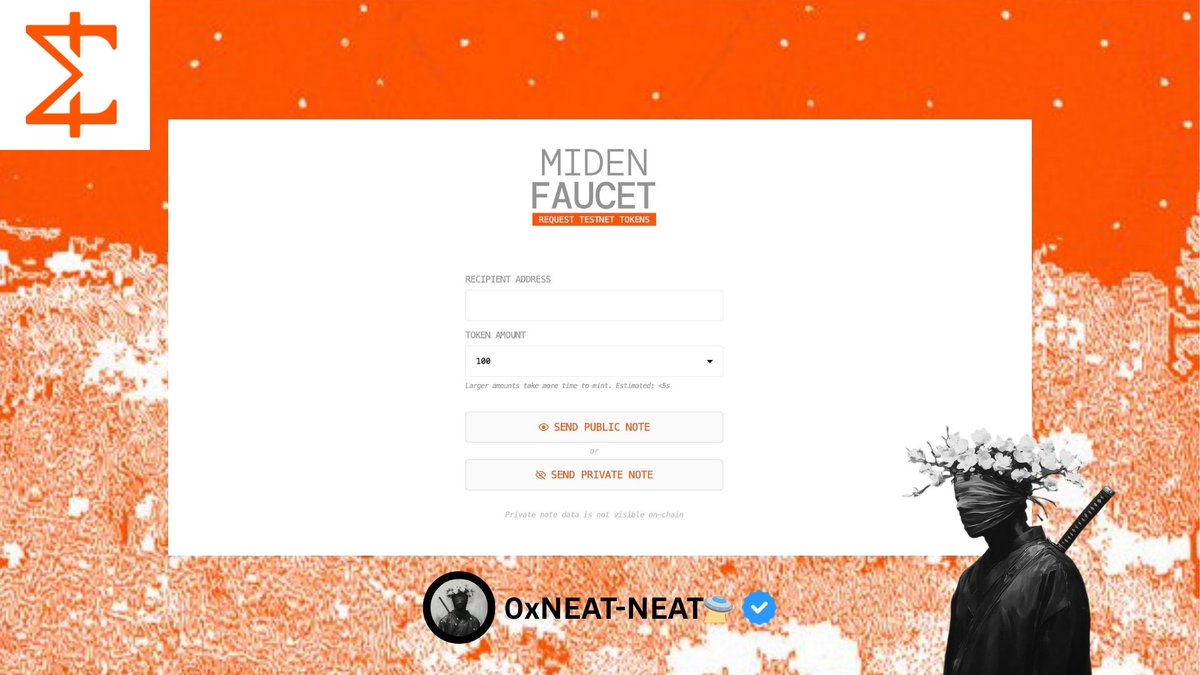 _0xneatneat's tweet photo. 📘 Comprehensive guide to @0xMiden and joining the Miden Playground testnet

💰 Cost: $0

Miden is building an L2 blockchain that makes transactions faster, more private, and more secure by letting users process and prove transactions on their own devices instead of relying fully on the main network.

💸 They raised $25M in a seed round led by @a16zcrypto and other top VCs.

🧪 Miden Playground testnet has 8 tutorials. I will guide you through each stage.

🍺Follow the guide step by step 🪜 

1️⃣ Install Miden wallet extension for Chrome
🔗 https://t.co/dt8SOsboUD
Download and create a new wallet.

2️⃣ Request faucet
🚰 https://t.co/JcUg3oHfi8
Enter your wallet address and request funds.

3️⃣ Visit Miden Playground
🌐 https://t.co/p5mwK9yZdV
• Click “Select wallet” top right
• Connect Miden wallet
• Under Tutorials, click “Start tutorial” for Create and Fund Wallet
• Click “Create new account”
• Name it anything or keep default “Wallet A”
• Click “Create Account”

🎯 A new account will appear under the MDN faucet.

4️⃣ Scroll down and click “Next step”
• Click “MDN faucet”
• Click “Create new transaction”
• Click “New mint transaction”
• Click “Select account” and choose your wallet
• Enter amount
• Click “Preview”
• Click “Submit”

🎯 Wait for success, then click “Next step”.

5️⃣ On the sidebar under Notes
• Click the address
• Click “Consume note with…”
• Click “Submit”
• After success, click “Next step”
• Click “Next step” again until you see “Next tutorial”

➡️ Next post covers, i will cover “Transfer assets between wallets”. Stay locked in.