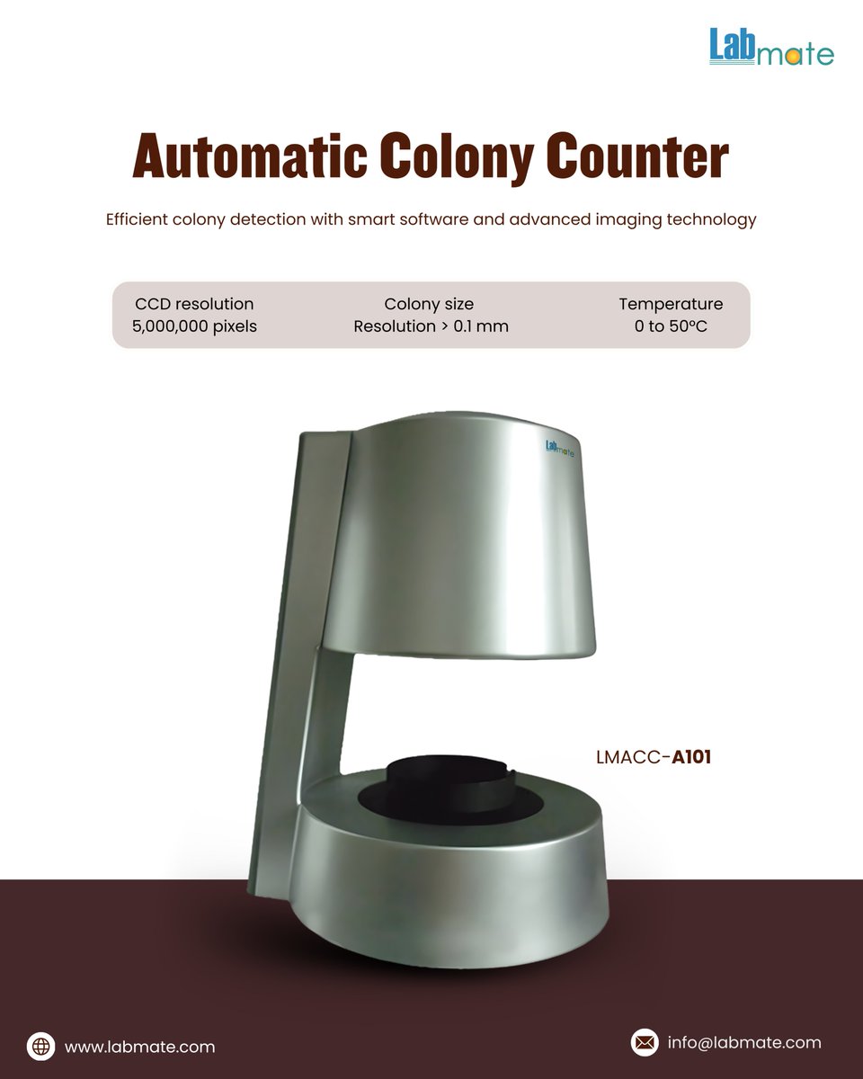 labmateINC's tweet image. Automatic Colony Counter LMACC-A101 identifies up to 80 colony colors and supports 90 mm and 55 mm petri dishes, using a CCD camera with colony-size resolution above 0.1 mm. 

info@labmate.com

Learn More: labmate.com/automatic-colo…

#Labmate #ColonyCounter #ColonyCounting