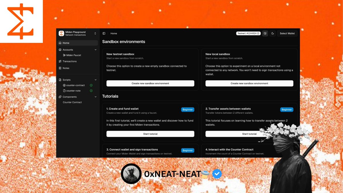 _0xneatneat's tweet photo. 📘 Comprehensive guide to @0xMiden and joining the Miden Playground testnet

💰 Cost: $0

Miden is building an L2 blockchain that makes transactions faster, more private, and more secure by letting users process and prove transactions on their own devices instead of relying fully on the main network.

💸 They raised $25M in a seed round led by @a16zcrypto and other top VCs.

🧪 Miden Playground testnet has 8 tutorials. I will guide you through each stage.

🍺Follow the guide step by step 🪜 

1️⃣ Install Miden wallet extension for Chrome
🔗 https://t.co/dt8SOsboUD
Download and create a new wallet.

2️⃣ Request faucet
🚰 https://t.co/JcUg3oHfi8
Enter your wallet address and request funds.

3️⃣ Visit Miden Playground
🌐 https://t.co/p5mwK9yZdV
• Click “Select wallet” top right
• Connect Miden wallet
• Under Tutorials, click “Start tutorial” for Create and Fund Wallet
• Click “Create new account”
• Name it anything or keep default “Wallet A”
• Click “Create Account”

🎯 A new account will appear under the MDN faucet.

4️⃣ Scroll down and click “Next step”
• Click “MDN faucet”
• Click “Create new transaction”
• Click “New mint transaction”
• Click “Select account” and choose your wallet
• Enter amount
• Click “Preview”
• Click “Submit”

🎯 Wait for success, then click “Next step”.

5️⃣ On the sidebar under Notes
• Click the address
• Click “Consume note with…”
• Click “Submit”
• After success, click “Next step”
• Click “Next step” again until you see “Next tutorial”

➡️ Next post covers, i will cover “Transfer assets between wallets”. Stay locked in.