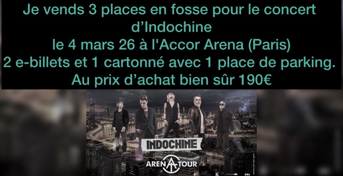 Ayant un soucis professionnel je revends mes places 😞 <a href="/indochinetwitt/">Indochine</a>  <a href="/Accor_Arena/">Accor Arena</a>  #indochine