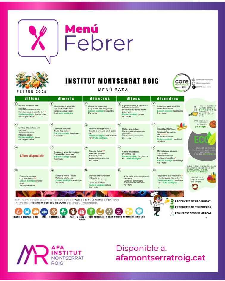 Famílies!
🍽️Ja teniu disponible el menú de l'Institut Montserrat Roig d'aquest mes de Febrer.
Bon profit!
Consulteu la versió completa 👇afamontserratroig.cat/serveis/menjad…
