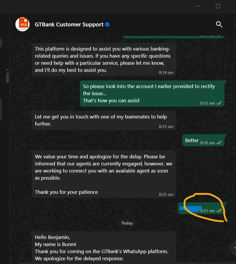 AkawuBenjamin2's tweet photo. It's been a very terrible experience over the weekend with @gtbank  @gtbank_help support... Their Whatsapp AI is the dumbest i have seen so far. How will a human agent reply a chat one day after at around 12am and expect me to be awake by then. @cenbank https://t.co/rXk7zKDhiZ