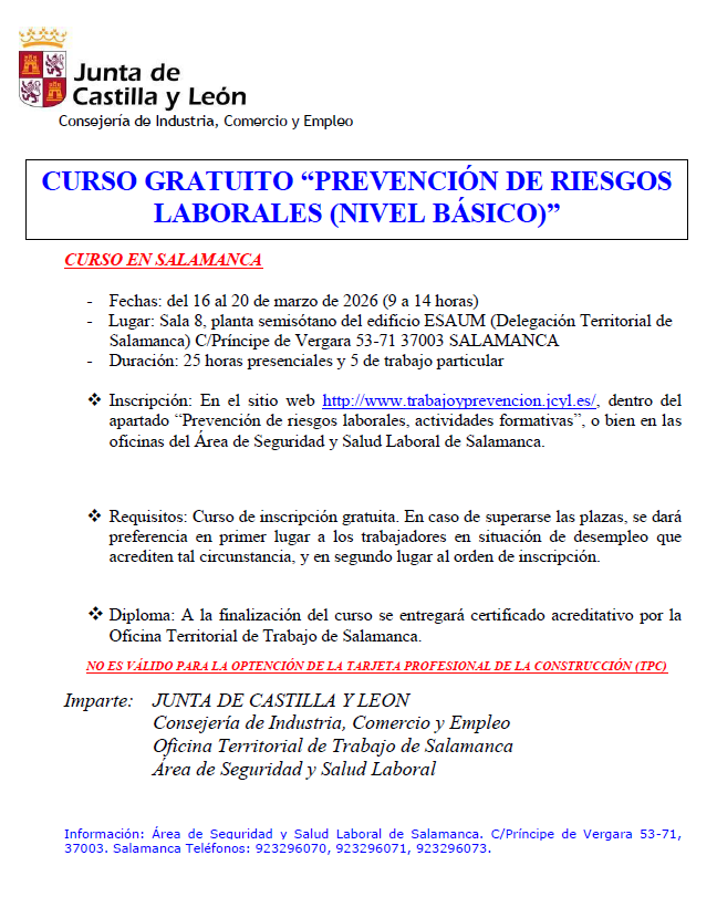 #FórmatePRL
Curso “Capacitación para el desempeño de funciones de nivel básico en PRL” (30 horas)
Organiza: ASSL #Salamanca

Fecha: del 16 al 20/03/26
PLAZO DE INSCRIPCIÓN hasta 13/03/26

trabajoyprevencion.jcyl.es/web/jcyl/Traba…

<a href="/LaGacetaSA/">La Gaceta de Salamanca</a> <a href="/TribunaSal/">Tribuna Salamanca</a> <a href="/s24horas/">Salamanca24horas.com</a> <a href="/SArtvALDIA/">SALAMANCArtv AL DÍA</a> <a href="/LaCronica_SA/">La Crónica de Salamanca</a>