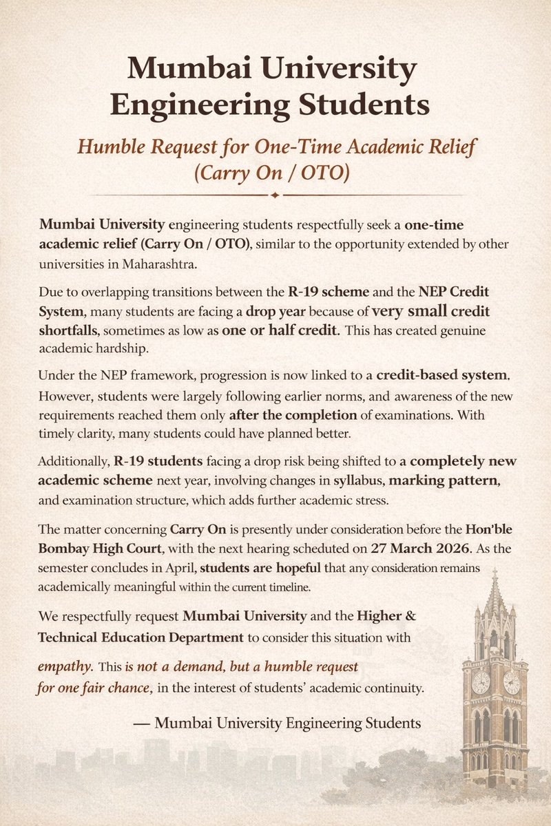 musaforstudents's tweet photo. Mumbai University engineering students humbly seek a one-time academic relief (Carry On / OTO) to ensure academic continuity during the transition between the R-19 scheme and the NEP Credit System.

#MumbaiUniversity
#EngineeringStudents
#CarryOn
#OTO
#NEPCreditSystem https://t.co/n6YlRe3f3R