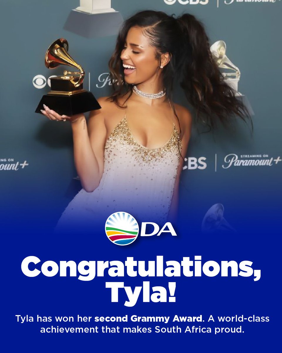 🇿🇦 🏆 Another win for South Africa! Congratulations to Tyla on making history with a second Grammy for Best African Music Performance. A global star and a proud moment for Mzansi. Keep flying our flag on the world stage!