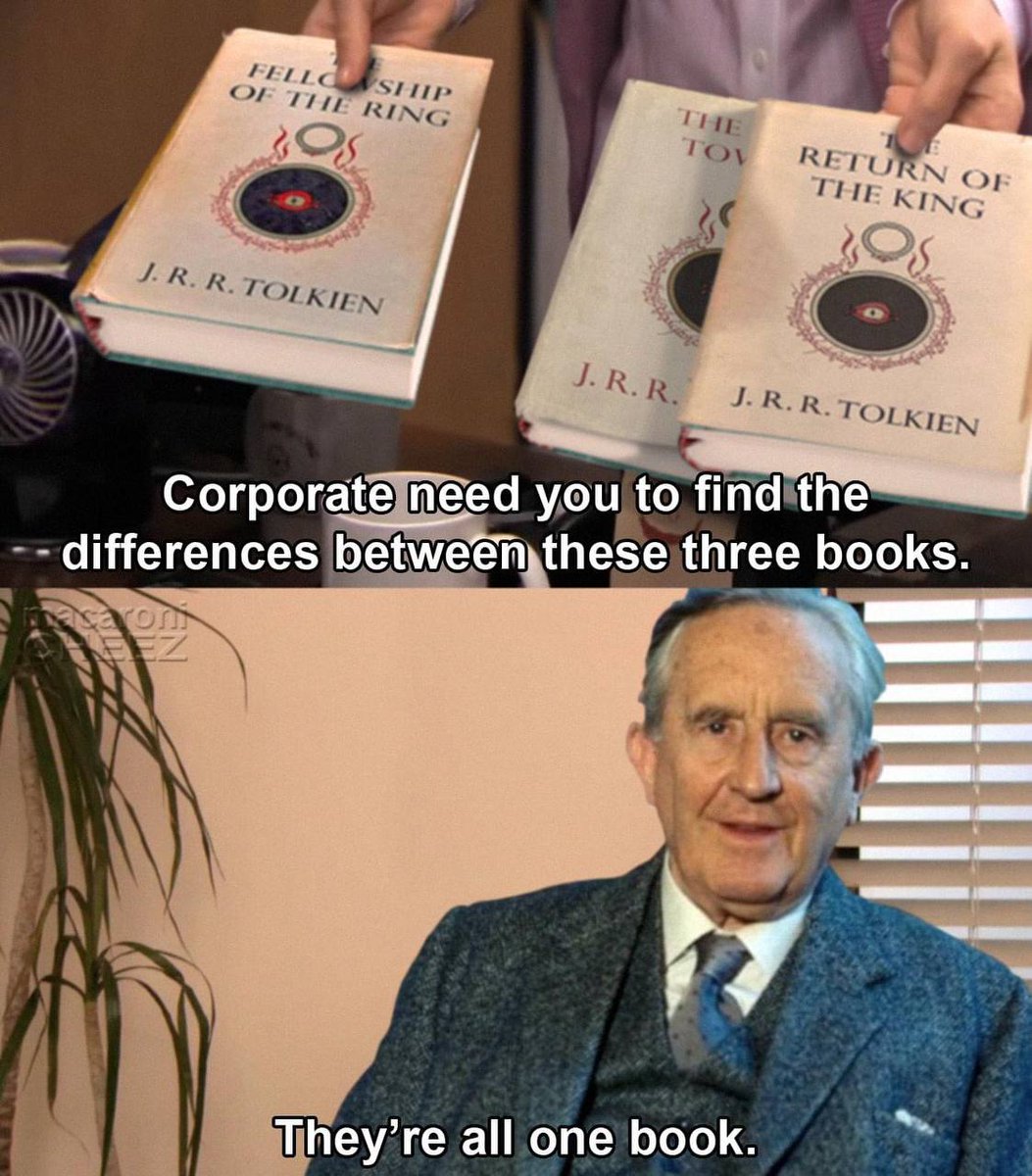 Monigliani's tweet image. Hoy es un día tan bueno como cualquiera para recordar que «El Señor de los Anillos» es 1 solo libro. La división en tres volúmenes se debió a una exigencia editorial debida a la escasez de papel. A #Tolkien no le gustó nada.
Su división interna, de hecho, son 6 libros + apéndices