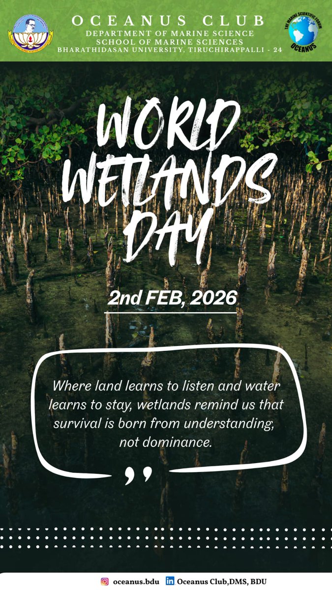 DMSBDU2005's tweet photo. Wetlands are more than just water - they are our shield against climate change and a haven for biodiversity. 🦀🌱 
The Oceanus Club (Dept. of Marine Science, BDU) reaffirms our commitment to marine and coastal preservation.
 #SustainableFuture #BDUmarinescience 
#WorldWetlandsDay https://t.co/vWdDVc7SoR