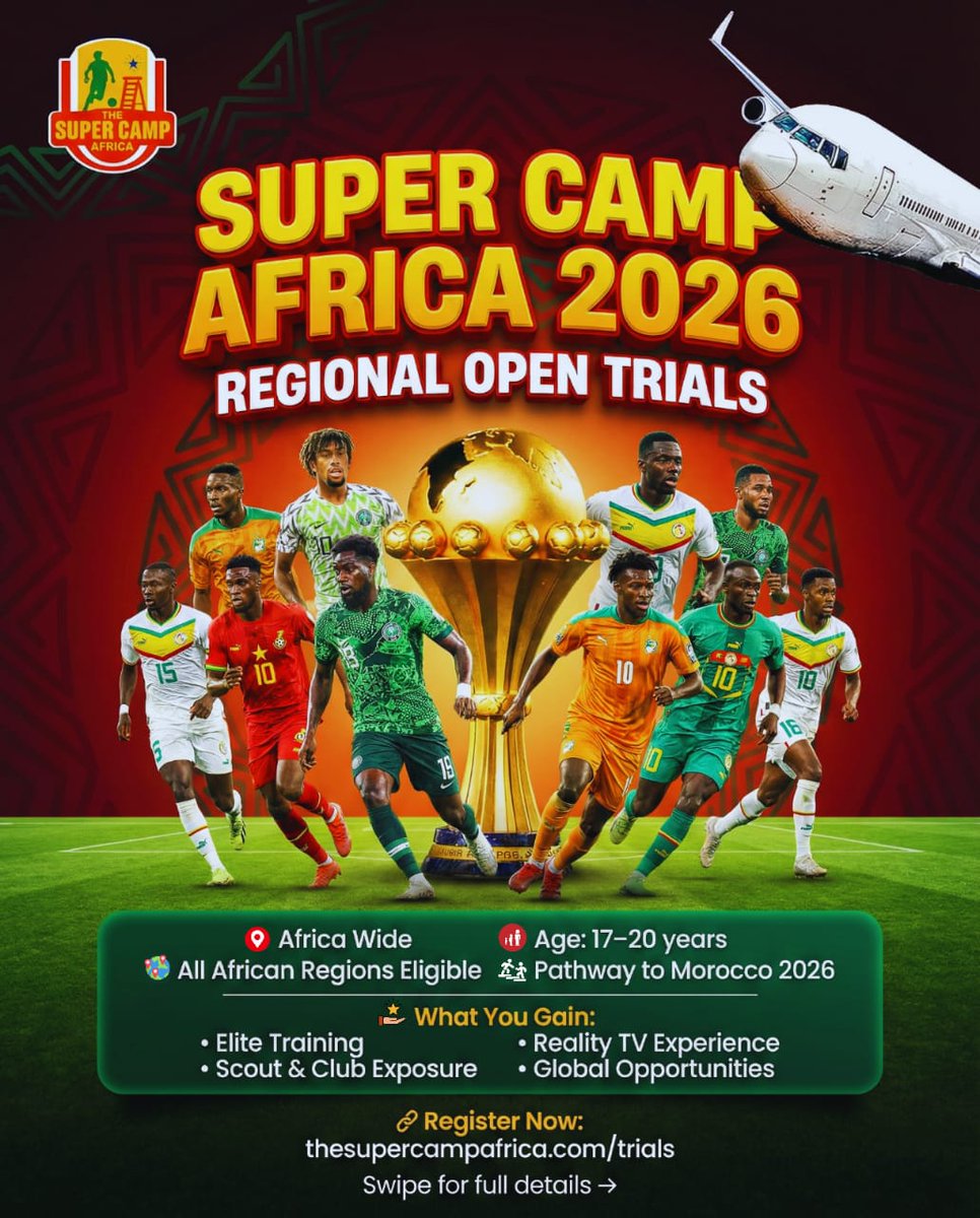 Africa’s next football stars are rising ⚽🌍 The Super Camp Africa 2026 is a continental football development and scouting platform designed to discover, train, and showcase young talents across Africa.  
thesupercampafrica.com/trials
#SuperCampAfrica
#AfricanFootball
#FootballTrial