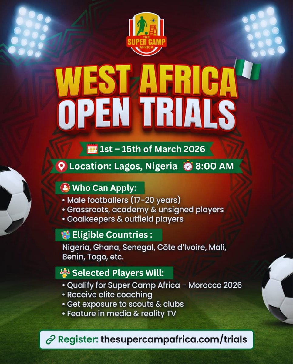 Africa’s next football stars are rising ⚽🌍 The Super Camp Africa 2026 is a continental football development and scouting platform designed to discover, train, and showcase young talents across Africa.  
thesupercampafrica.com/trials
#SuperCampAfrica
#AfricanFootball
#FootballTrial