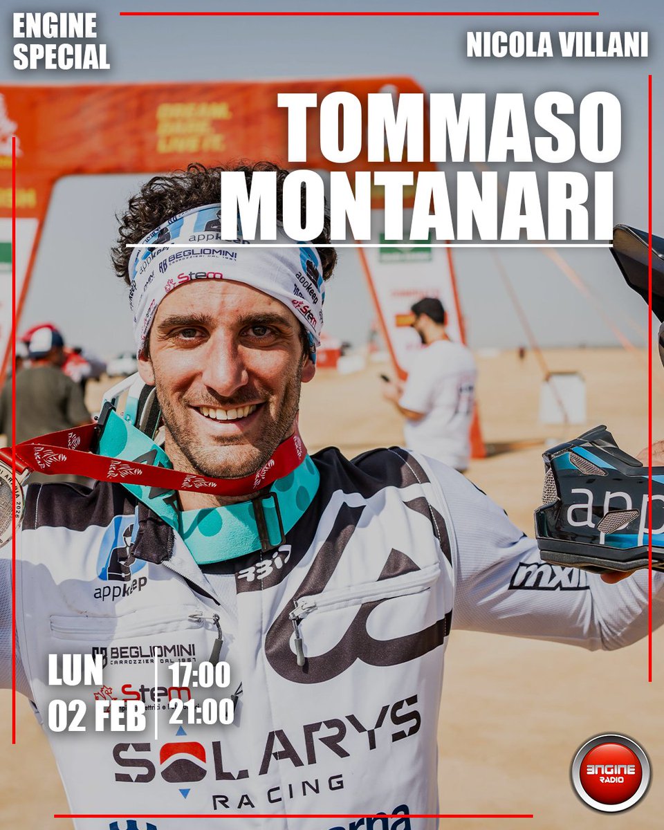 NicVillani's tweet photo. Oggi vi aspetto su Engine Radio

nuova puntata dell’Engine Special con
 
@Tommy991M 

Alle 17 e alle 21

Il primo tra i piloti italiani in moto
@dakar 2026

Da riascoltare anche sabato alle 14

#EngineRadio #TommasoMontanari #Dakar2026 #RallyRaid #Motorsport #Racing #Passion https://t.co/PhEjm6aV1p