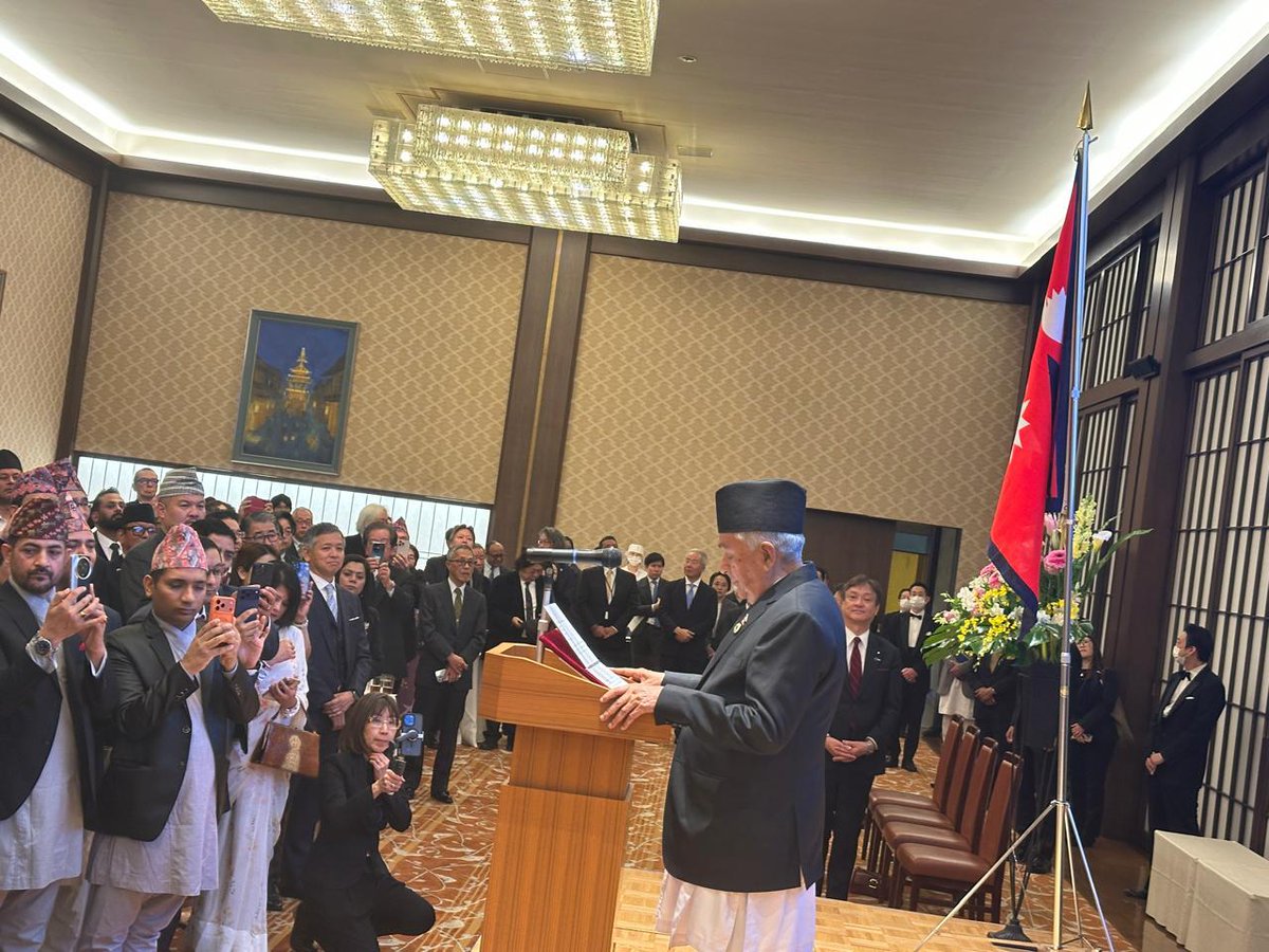 MofaNepal's tweet photo. Rt. Hon. President Mr. Ramchandra Paudel @OOP_Nepal attended this evening a special reception hosted, on behalf of the Government of Japan, by the State Minister for Foreign Affairs of Japan @MofaJapan_en, H.E. Mr. Horii Iwao, in Tokyo to celebrate the 70th anniversary of Nepal–Japan diplomatic relations.

Addressing the function, the Rt. Hon. President expressed happiness over the cordial and friendly ties between Nepal and Japan, founded on mutual respect, trust, understanding, and cooperation. 

The president noted that Lumbini, the birthplace of the Buddha, serves as a strong bridge to further strengthen relations between the peoples of Nepal and Japan. 

The president further expressed gratitude to Japan for its continued support in developing Lumbini as the fountain of world peace.

Urging greater Japanese investment in priority sectors of Nepal; such as manufacturing, hydropower, tourism, services, information technology, mining, and agriculture, he also called for expanding cooperation in the tourism sector. 

While extending warm greetings and best wishes on the occasion of the 70th anniversary of Nepal–Japan diplomatic relations, the Rt. Hon. President expressed confidence that this milestone would be instrumental in elevating bilateral relations to a new level and paving the way for deeper and more fruitful engagements in the years ahead.
