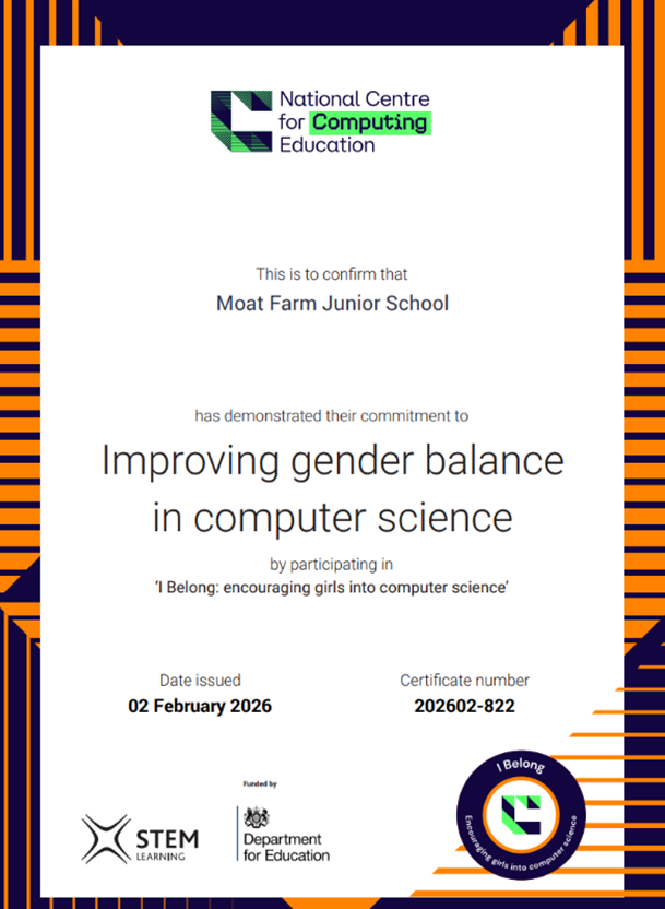 MoatFarmJuniors's tweet photo. Proud to receive our I Belong certificate 🎓
Moat Farm Junior is committed to inspiring girls into computer science and showing them they truly belong in tech 💻✨Well done Mr Gregory!
#IBelong #GirlsInComputing #PrimarySTEM
@WeAreComputing https://t.co/vqAlGnaEUC