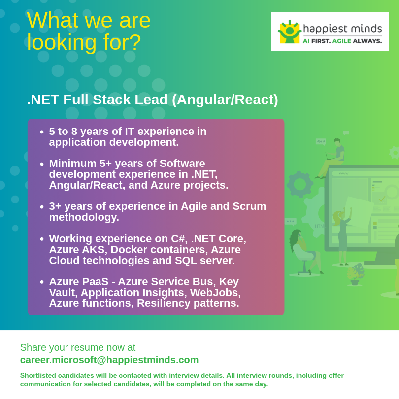 HappiestMinds's tweet photo. Weekend Drive Alert! 

We are hiring .NET Full Stack Lead in Chennai.

Experience: 5 to 8 Years  
📅 7 Feb 2026 | 9AM to 3PM  
📍Happiest Minds Chennai: https://t.co/1KPPypF1dQ

Apply: career.microsoft@happiestminds.com   

#Hiring #DotNetFullStackDeveloper #ChennaiJobs https://t.co/WDukfBs17R