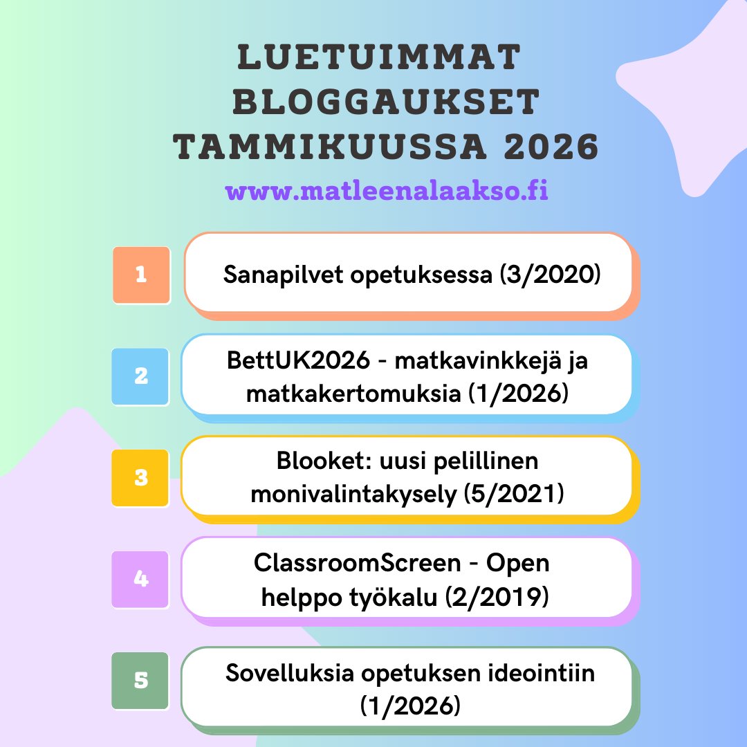 Vuosi alkoi aktiivisesti blogaten. Esillä #BettUK2026 opetusteknologiamessut Lontoossa ja katsaukset viimevuoteen. Bett-kokemuksia tulee jakoon helmikuussakin: matleenalaakso.fi
#tekoäly #digipeda #opetus