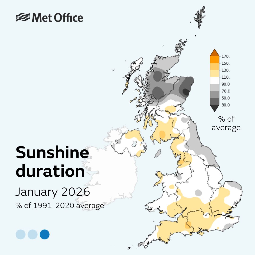 🌧 Northern Ireland has seen its wettest January in 149 years – it’s 2nd wettest on record - according to provisional Met Office statistics

🌧 Southern England has seen its 6th wettest Jan on record

🌡️ Mean temps have been just below average

☀️ Sunshine has been average

Get
