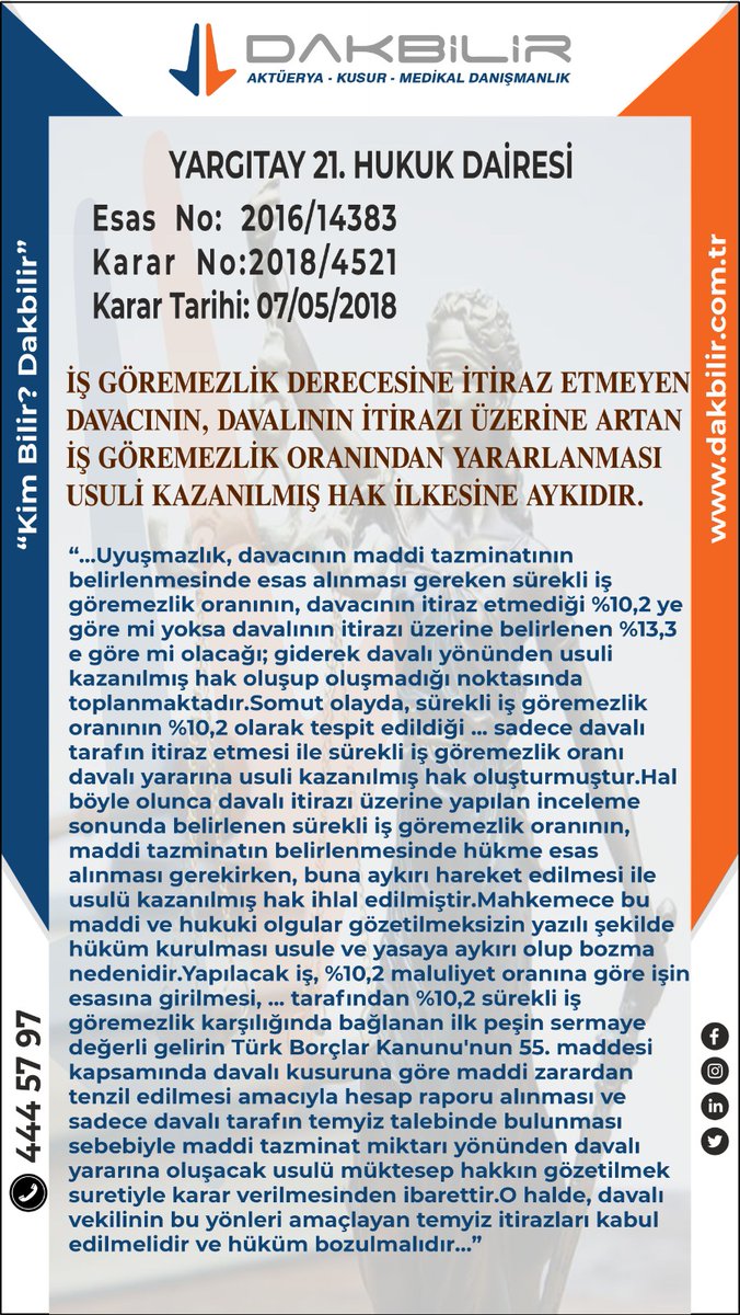 Dakbilircom's tweet photo. İŞ GÖREMEZLİK DERECESİNE İTİRAZ ETMEYEN DAVACININ, DAVALININ İTİRAZI ÜZERİNE ARTAN İŞ GÖREMEZLİK ORANINDAN YARARLANMASI USULİ KAZANILMIŞ HAK İLKESİNE AYKIDIR. https://t.co/NNZzIyHKQt