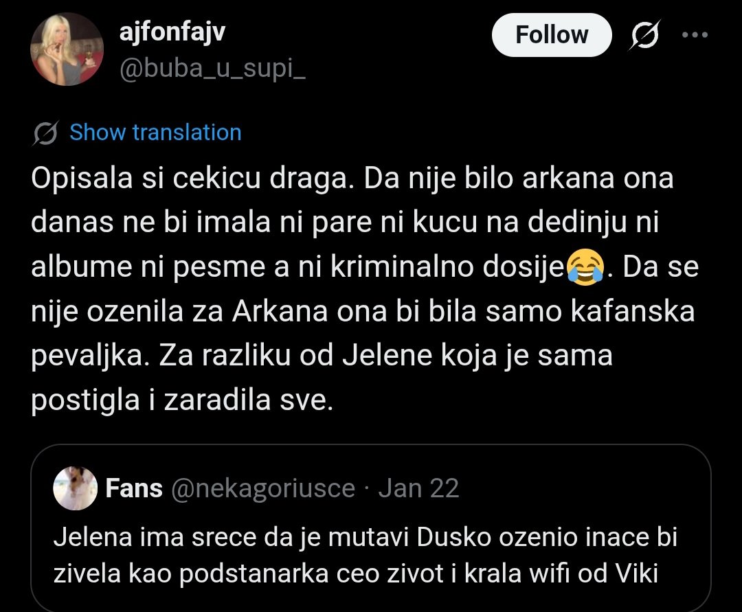 Ali Ceca je mnogo pre Arkana imala i pare, i stanove u BG i albume i pesme i hitove i broj solističkih koncerata koje pojedine nisu dostigle ni za 30 godina. I to sve pre Arkana. Ceca Veličković.