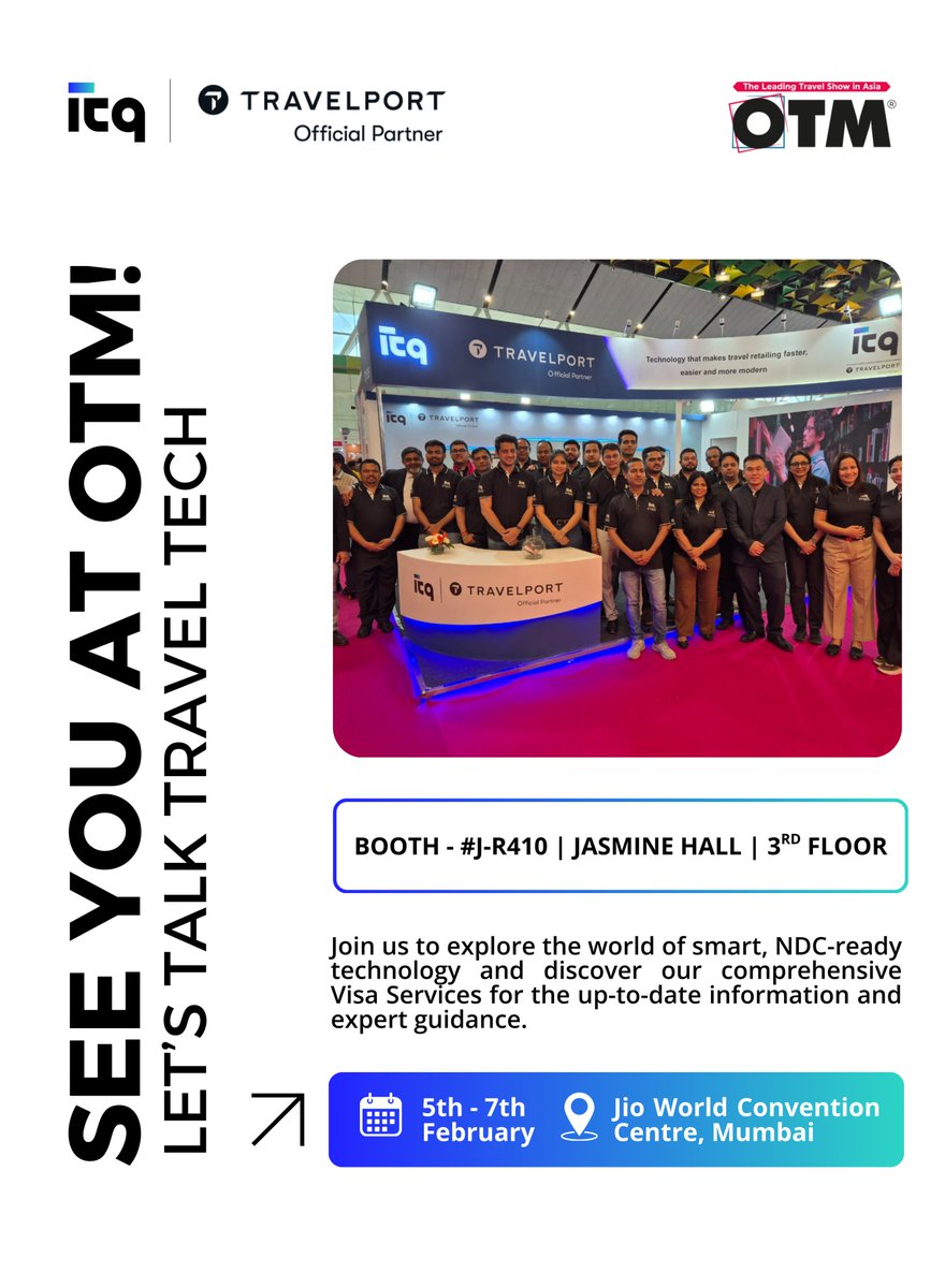 ITQIndia's tweet photo. Heading to OTM Mumbai? So are we.
Drop by our booth #J-R410 to discover NDC-ready travel tech, smarter retailing solutions, and expert-backed Visa Services.
Let’s talk what’s next in travel technology.

📅 5th – 7th February
📍 Jio World Convention Centre, Mumbai https://t.co/BG7wxixzRu