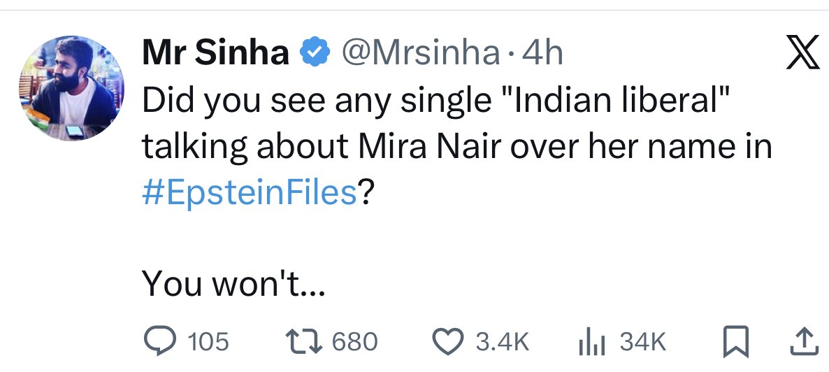 sridharramswamy's tweet image. Last known Mira Nair is not the Prime Minister of India! 

For a sitting Prime Minister of India's name to figure in the #EpsteinFiles itself is a huge blot on the country!